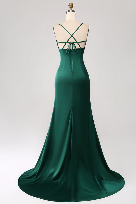 omberprom Prom Dresses Dark Green Sheath Spaghetti Straps Pleated Maxi Dress With Slit