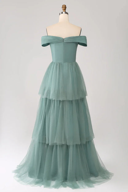 omberprom Grey Green Prom Dresses A-Line Off The Shoulder Pleated Tiered Maxi Dress
