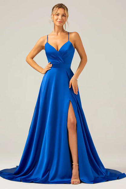 Liymcdress A Line Prom Dresses V Neck Pleated Satin Maxi Dress with Slit Royal Blue