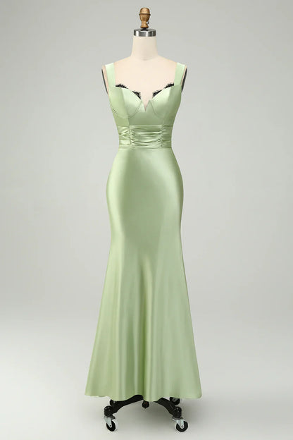 omberprom Elegant Mermaid Prom Dresses Asymmetrical Satin Bridesmaid Dress Green