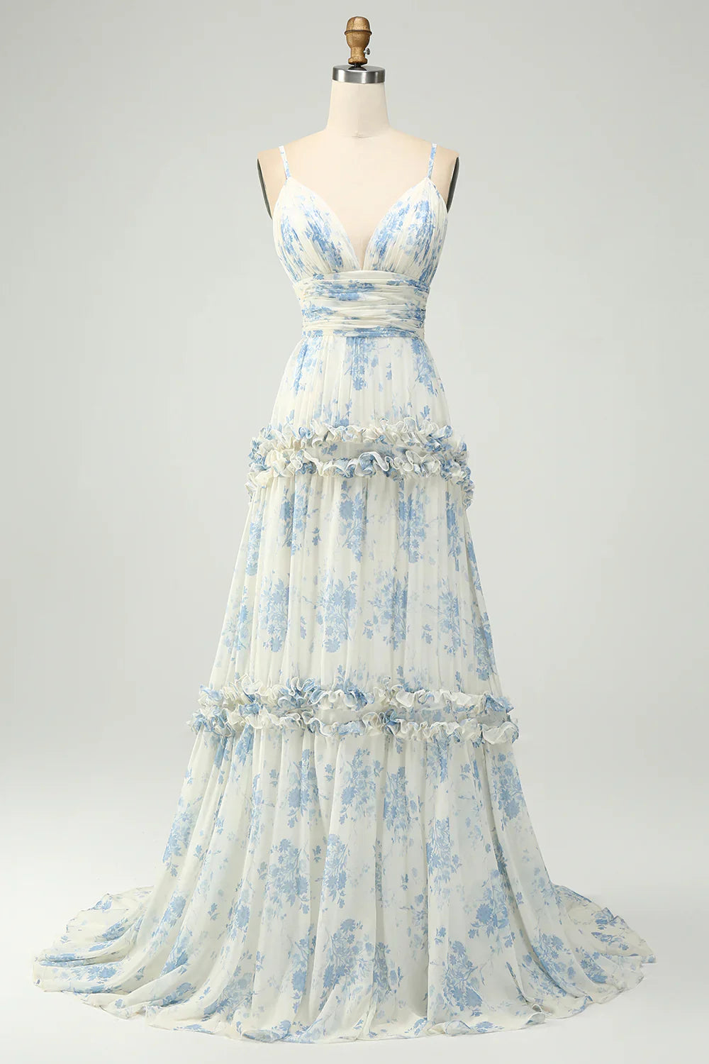 omberprom A-Line Prom Dresses Spaghetti Straps Pleated Blue Flower Maxi Dress