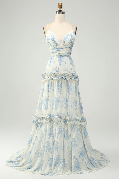 omberprom A-Line Prom Dresses Spaghetti Straps Pleated Blue Flower Maxi Dress