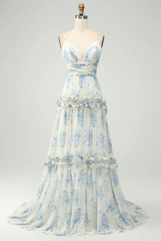 omberprom A-Line Prom Dresses Spaghetti Straps Pleated Blue Flower Maxi Dress