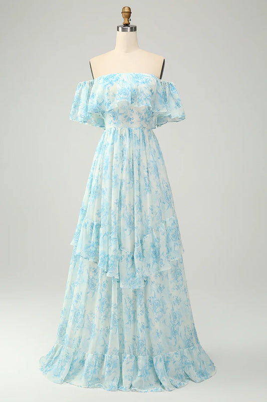 omberprom A Line Prom Dresses Off The Shoulder Tiered Blue Floral Maxi Dress