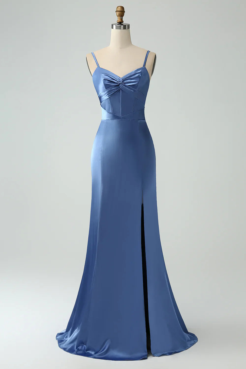 omberprom Mermaid Prom Dresses Spaghetti Straps Lace-up Back Bridesmaid Dress Grey Blue With Slit