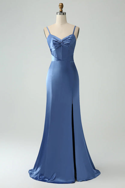 omberprom Mermaid Prom Dresses Spaghetti Straps Lace-up Back Bridesmaid Dress Grey Blue With Slit