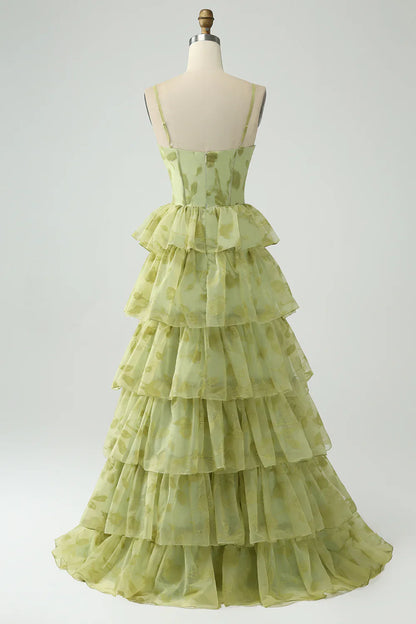 omberprom Green Prom Dresses Ball-Gown Spaghetti Straps Tiered Corset Maxi Dress