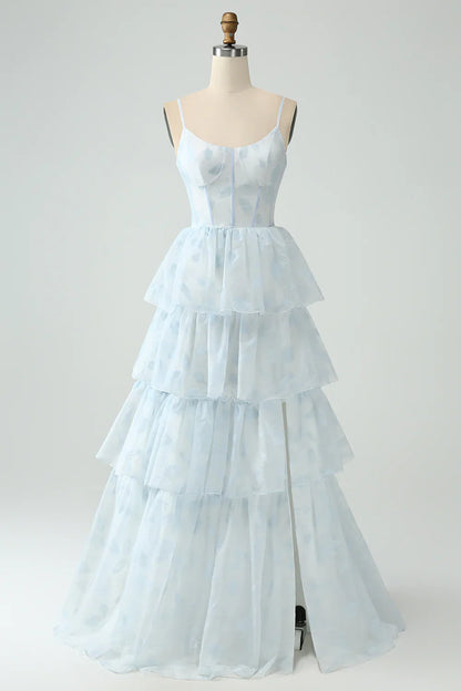 omberprom A-Line Prom Dresses Spaghetti Straps Tiered Maxi Dress with Slit Light Blue