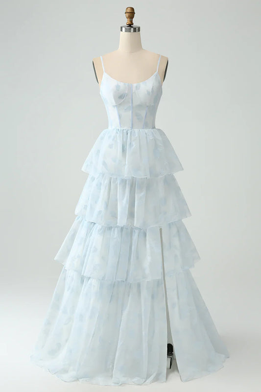 omberprom A-Line Prom Dresses Spaghetti Straps Tiered Maxi Dress with Slit Light Blue