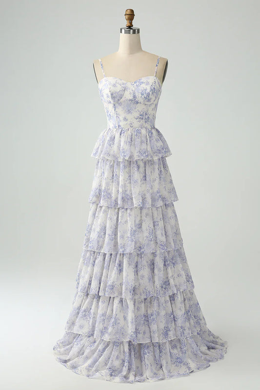 omberprom Purple Flower A Line Prom Dresses Spaghetti Straps Tiered Corset Maxi Dress
