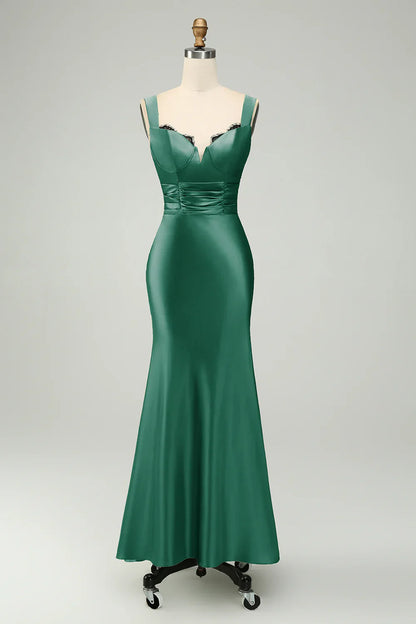 omberprom Elegant Mermaid Prom Dresses Asymmetrical Satin Bridesmaid Dress Green