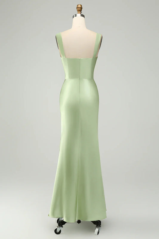 omberprom Elegant Mermaid Prom Dresses Asymmetrical Satin Bridesmaid Dress Green