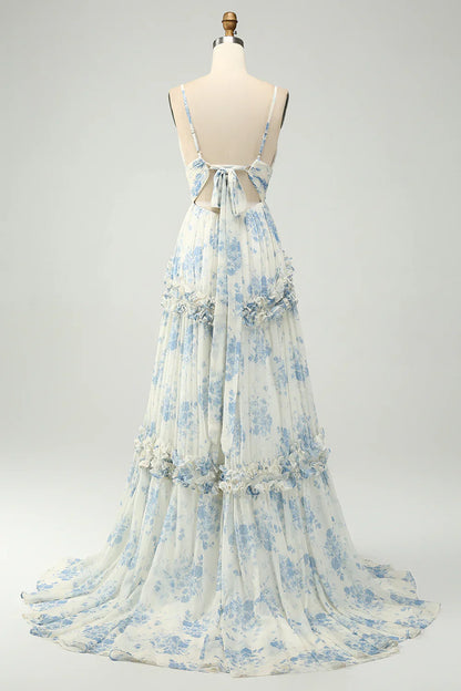 omberprom A-Line Prom Dresses Spaghetti Straps Pleated Blue Flower Maxi Dress