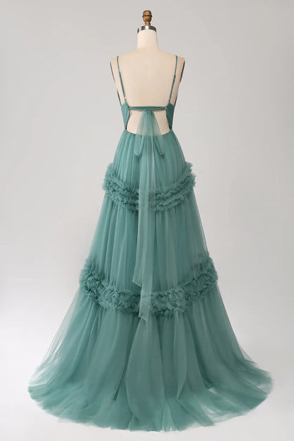 omberprom Grey Green A-Line Prom Dresses Spaghetti Straps Pleated Backless Maxi Dress