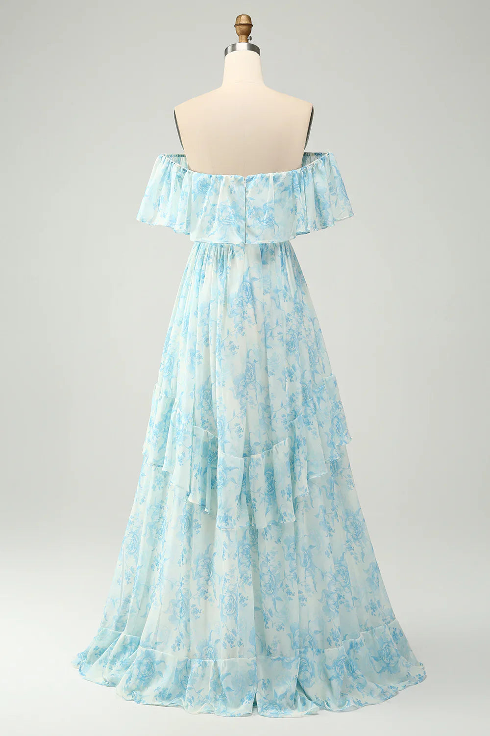 omberprom A Line Prom Dresses Off The Shoulder Tiered Blue Floral Maxi Dress