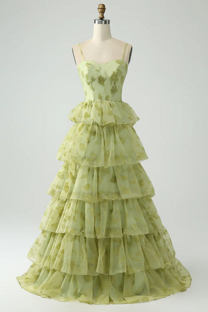 omberprom Green Prom Dresses Ball-Gown Spaghetti Straps Tiered Corset Maxi Dress
