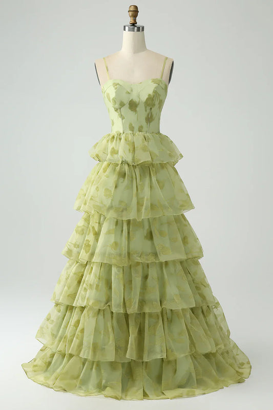 omberprom Green Prom Dresses Ball-Gown Spaghetti Straps Tiered Corset Maxi Dress