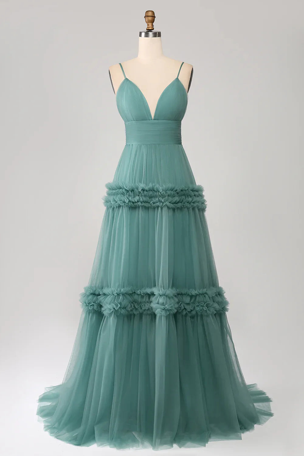 omberprom Grey Green A-Line Prom Dresses Spaghetti Straps Pleated Backless Maxi Dress