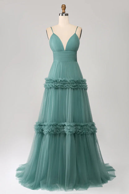 omberprom Grey Green A-Line Prom Dresses Spaghetti Straps Pleated Backless Maxi Dress