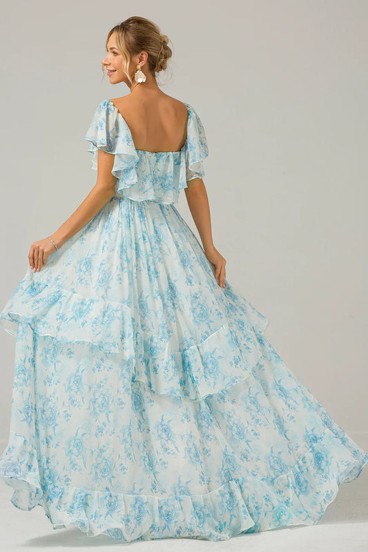 omberprom Floral Print A Line Prom Dresses Off The Shoulder Tiered Maxi Dress Blue