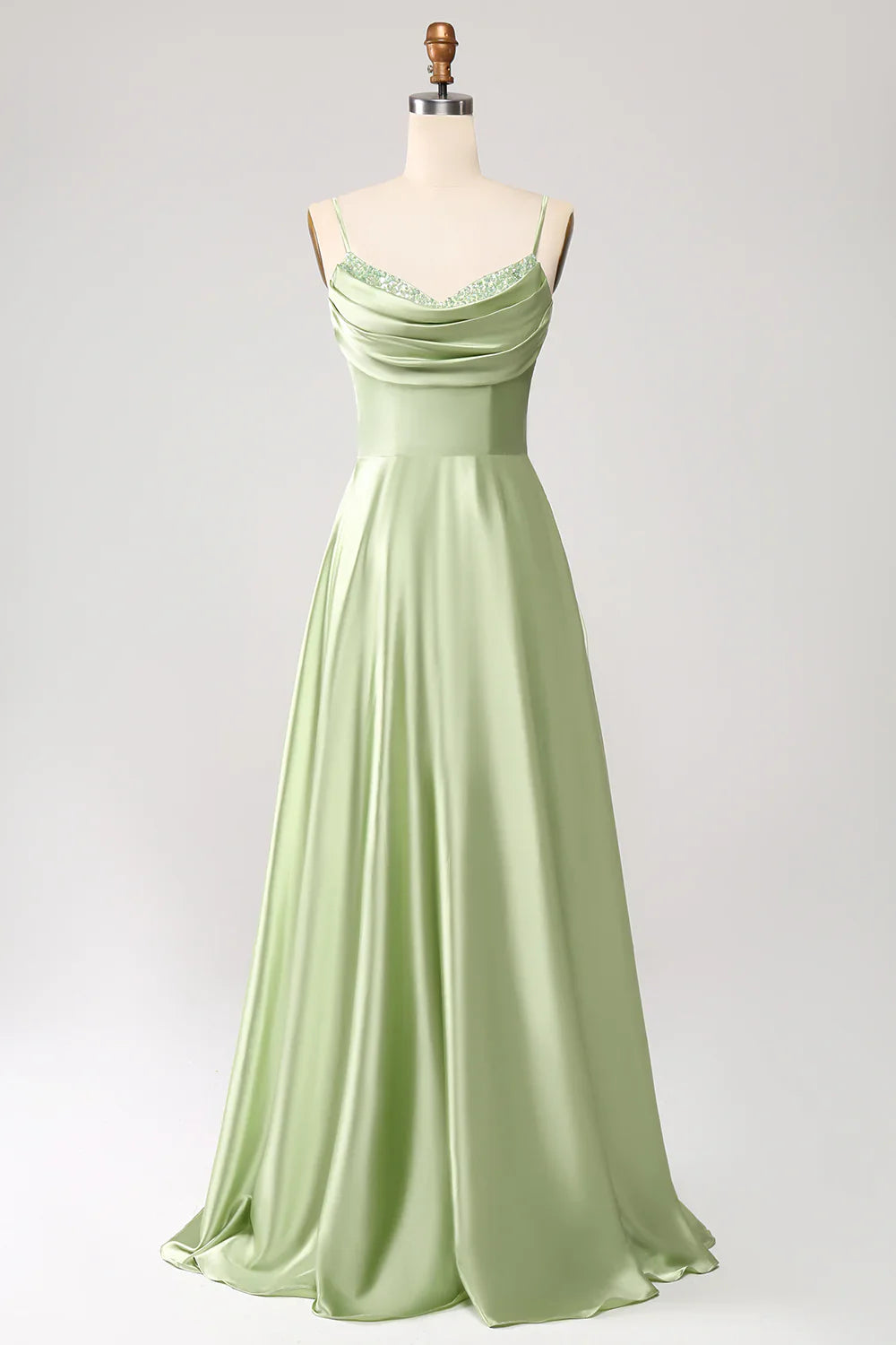 omberprom A-Line Prom Dresses Cowl Neck Spaghetti Straps Maxi Dress With Sequins Green