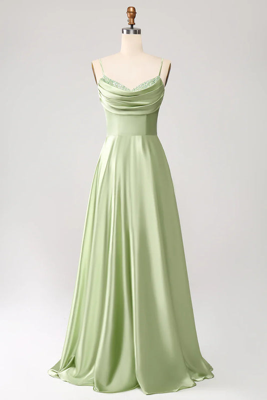 omberprom A-Line Prom Dresses Cowl Neck Spaghetti Straps Maxi Dress With Sequins Green
