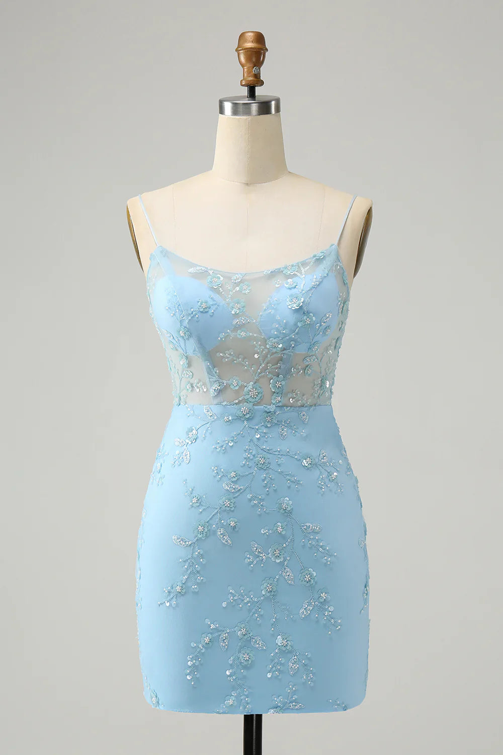 omberprom Charming Homecoming Dress Stylish Blue Bodycon Spaghetti Straps Lace Up Back Graduation Dress