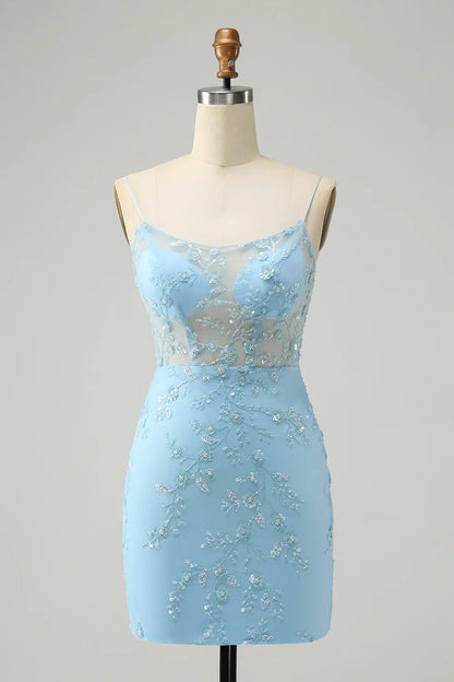omberprom Charming Homecoming Dress Stylish Blue Bodycon Spaghetti Straps Lace Up Back Graduation Dress