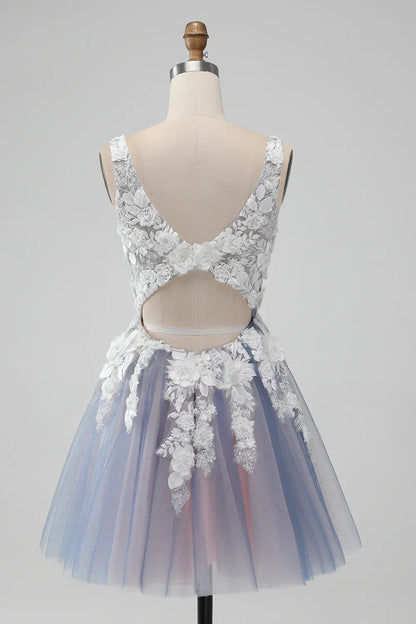 omberprom Short Homecoming Dress A Line Spaghetti Straps Flowers Graduation Dresses with Pearl Grey Pink