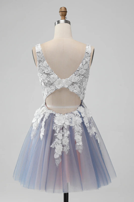 omberprom Short Homecoming Dress A Line Spaghetti Straps Flowers Graduation Dresses with Pearl Grey Pink