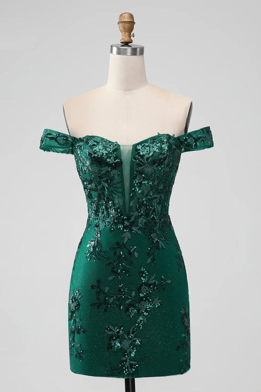 omberprom Homecoming Dress Sparkly Dark Green Bodycon Off The Shoulder Sequin Graduation Dresses with Appliques