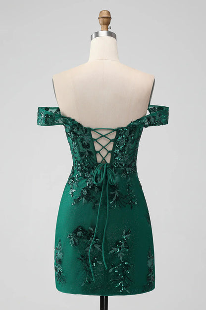 omberprom Homecoming Dress Sparkly Dark Green Bodycon Off The Shoulder Sequin Graduation Dresses with Appliques