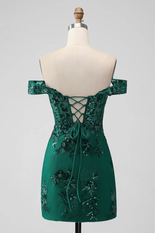omberprom Homecoming Dress Sparkly Dark Green Bodycon Off The Shoulder Sequin Graduation Dresses with Appliques
