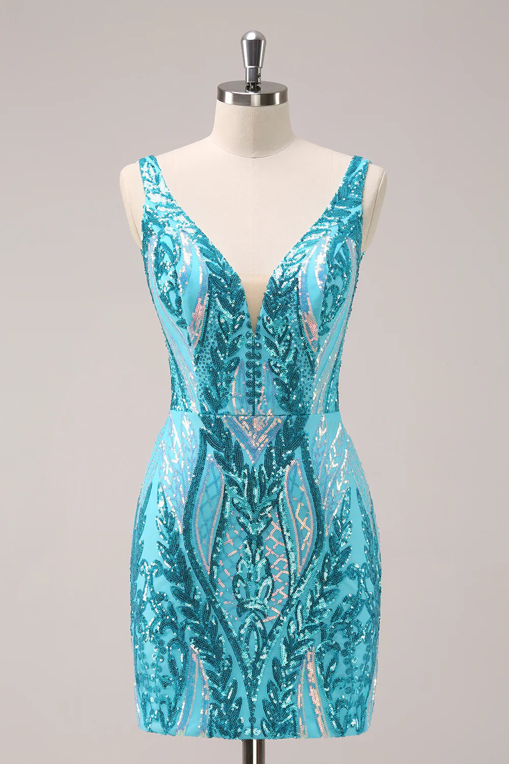 omberprom Short Homecoming Dress Sparkly Blue Bodycon V Neck Backless with Sequins