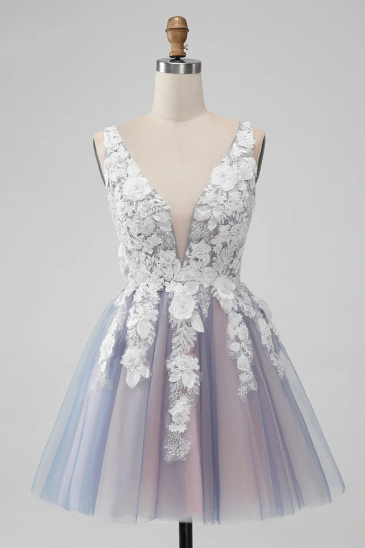 omberprom Short Homecoming Dress A Line Spaghetti Straps Flowers Graduation Dresses with Pearl Grey Pink