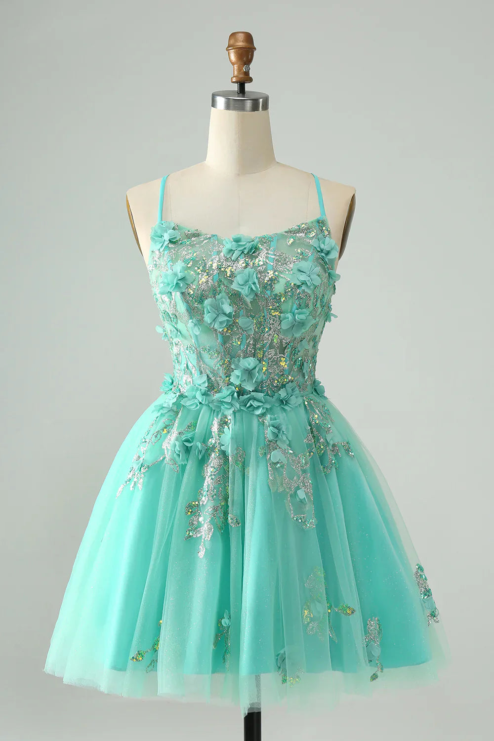 omberprom Cute Green Short Homecoming Dress A Line Spaghetti Straps Corset with Appliques