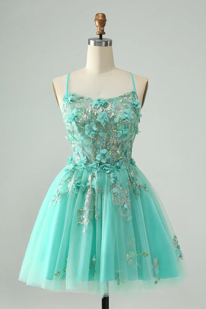 omberprom Cute Green Short Homecoming Dress A Line Spaghetti Straps Corset with Appliques
