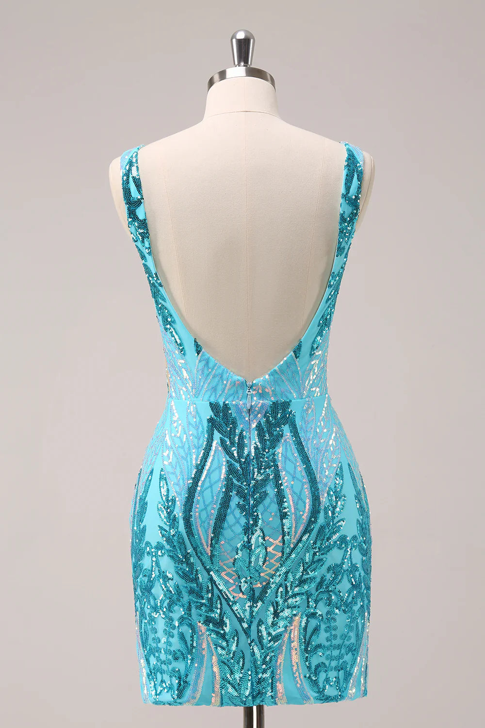 omberprom Short Homecoming Dress Sparkly Blue Bodycon V Neck Backless with Sequins