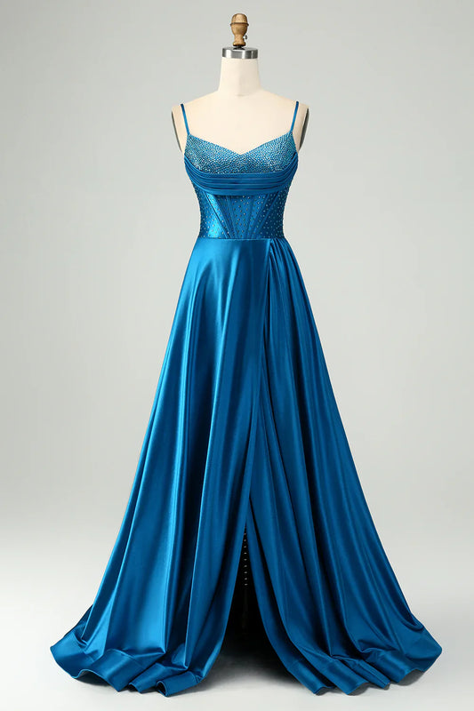 Liymcdress A-Line Prom Dress Spaghetti Straps Split Corset With Beading Dark Blue