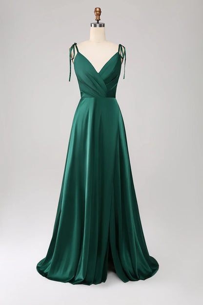 omberprom A-Line Spaghetti Straps Pleated Satin Long Dark Green Maxi Dress With Slit