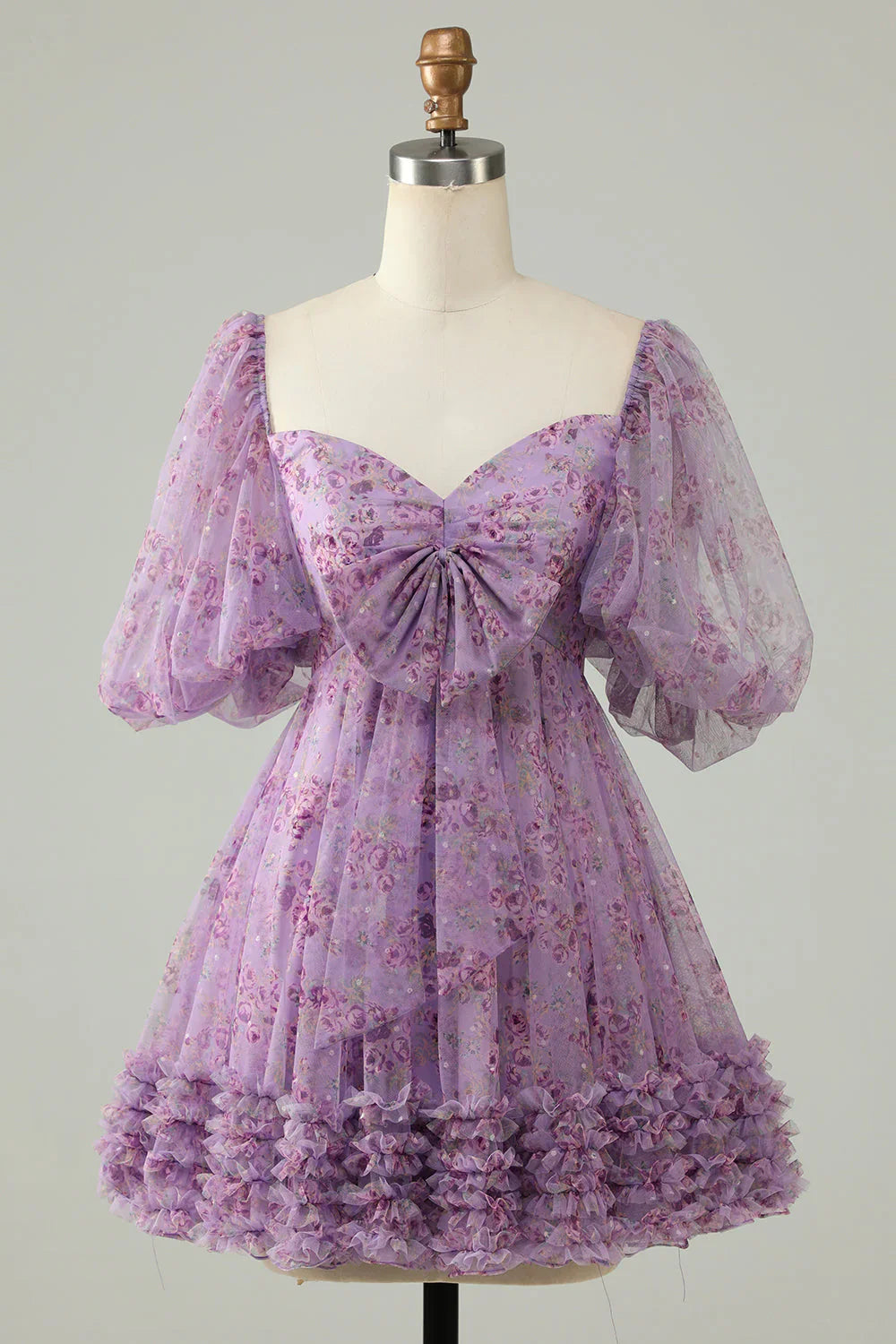 Liymcdress Elegant A Line Homecoming DressTulle Bow Print Short With Puff Sleeves Purple