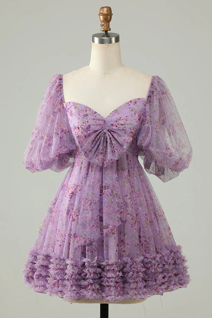 Liymcdress Elegant A Line Homecoming DressTulle Bow Print Short With Puff Sleeves Purple