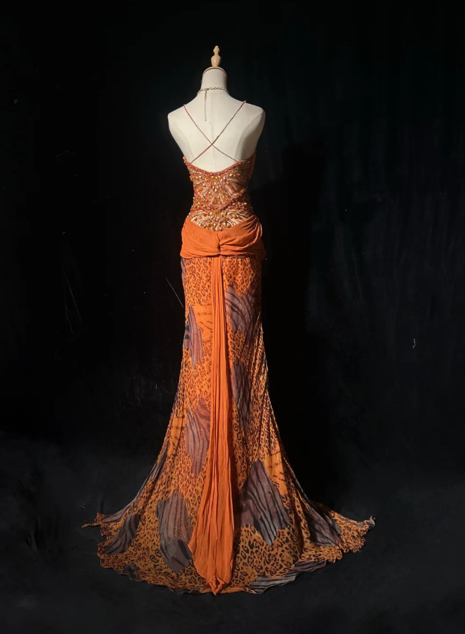 Elegant Spaghetti Straps Chiffon Lace Beaded Mermaid Evening Dress Orange Long Party Gowns