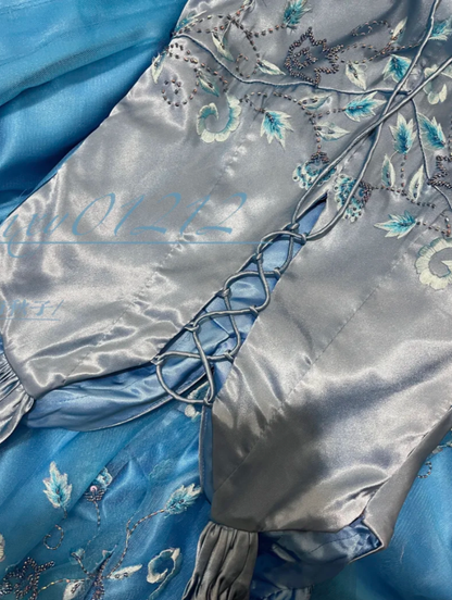 Vintage V Neck Embroidery Satin Beaded Mermaid Party Dress Blue Long Prom Dresses SP1780