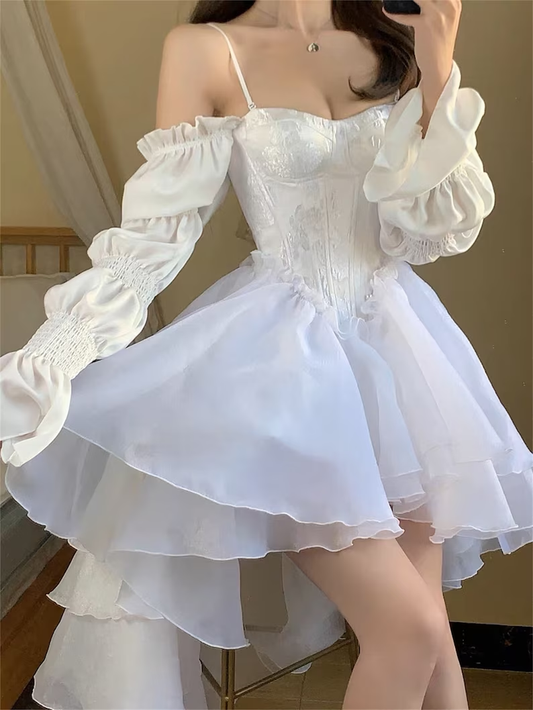 French White Tea Break Dress, Tulle Prom Dress Fairy Dress For Women, Victorian Dress, Graduation Dress, Beach Dress  Y1938