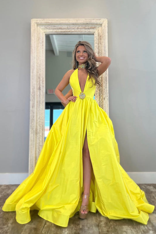 Yellow A-Line Long Satin Prom Dress with Deep V-Neck and Elegant Beading
