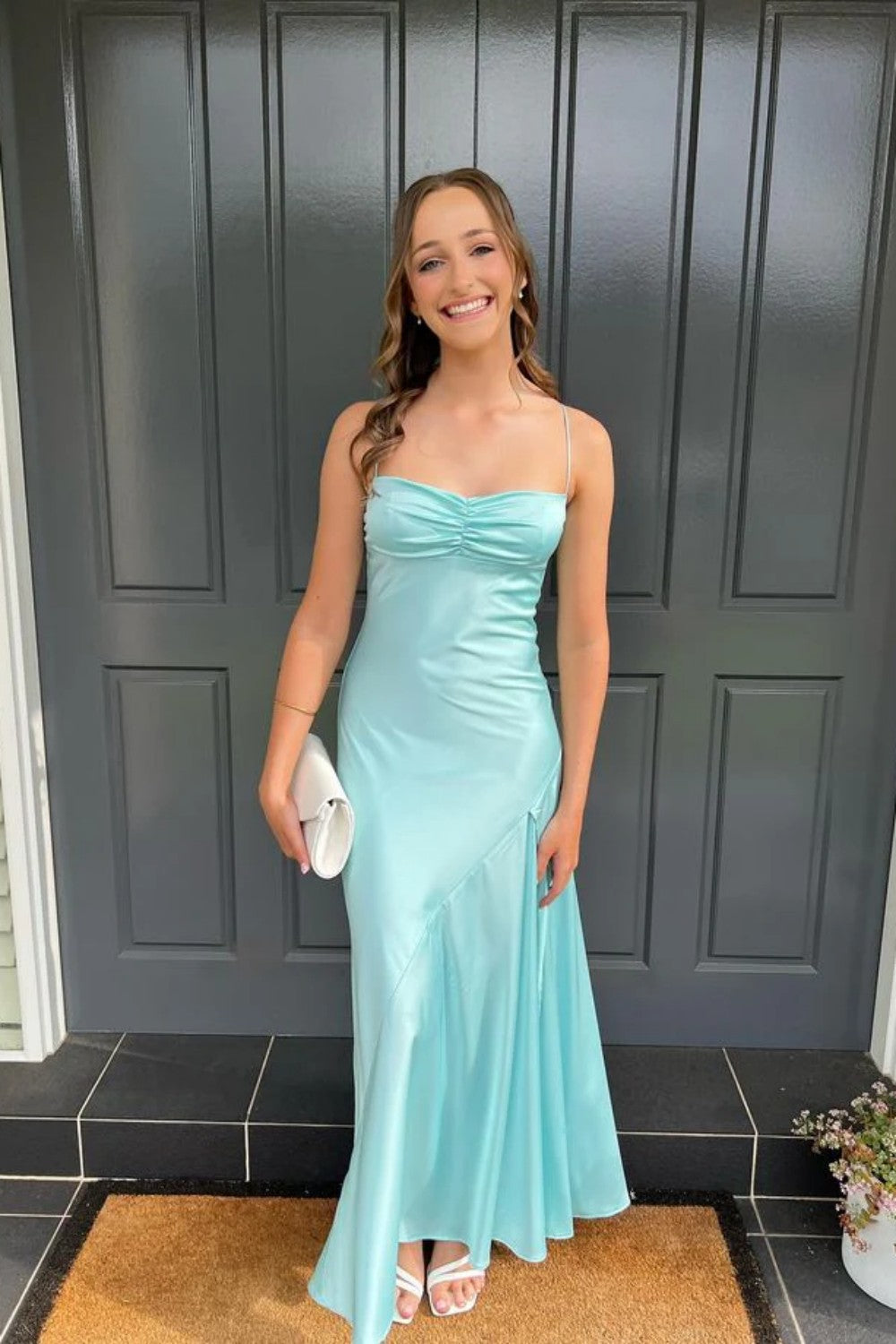 Yellow Satin Spaghetti Straps Long Ruched Prom Dress with Slit