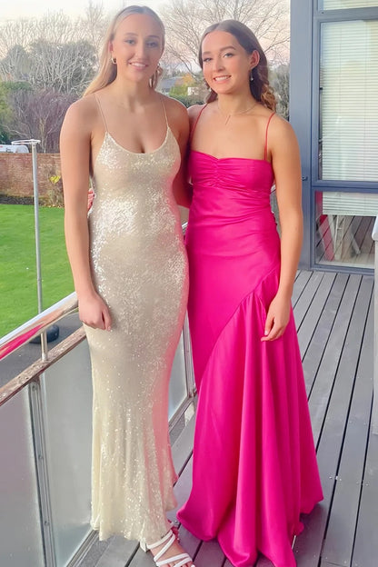 Yellow Satin Spaghetti Straps Long Ruched Prom Dress with Slit