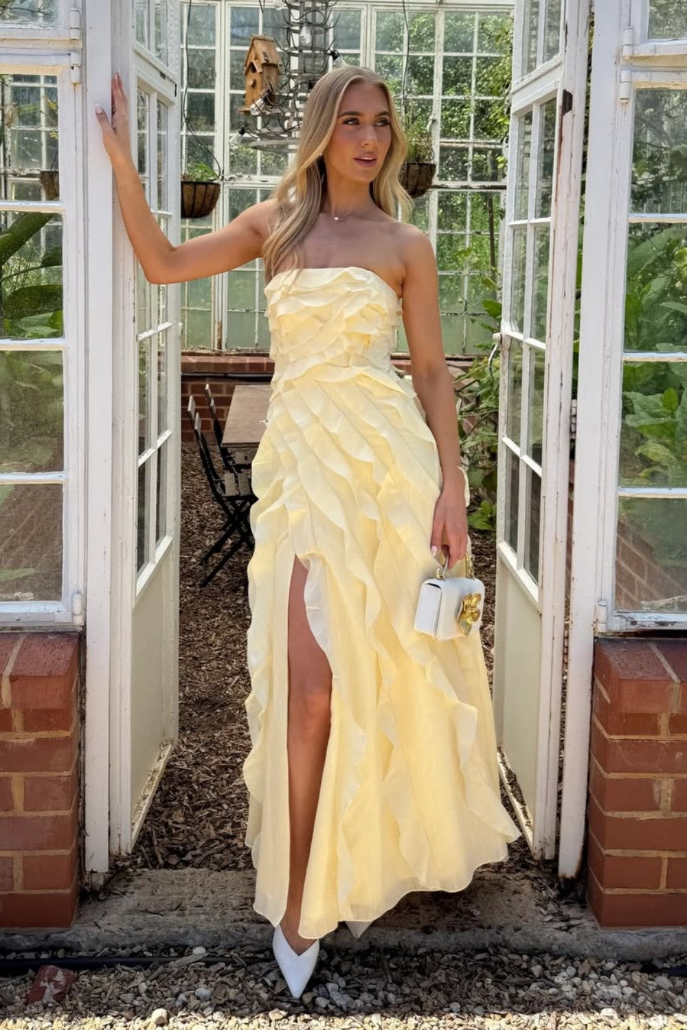 Yellow Strapless Ruffle Chiffon High Slit Long Prom Dress
