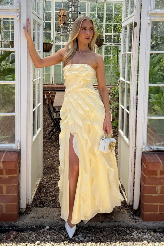 Yellow Strapless Ruffle Chiffon High Slit Long Prom Dress